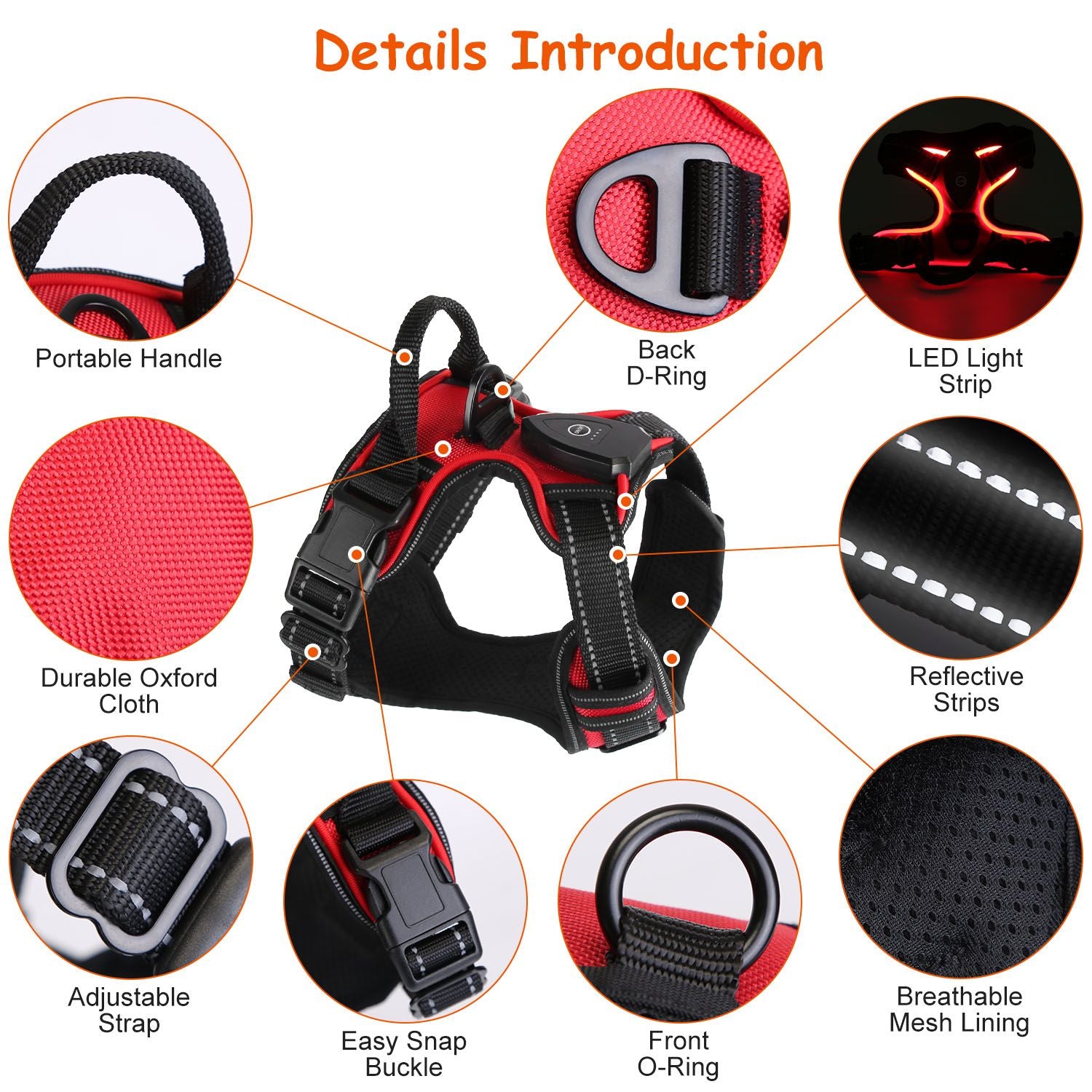 Light Up Dog Harness Rechargeable LED Dog Harness No Pull Lighted Dog Vest with Handle for Small/Medium/Large Dogs.