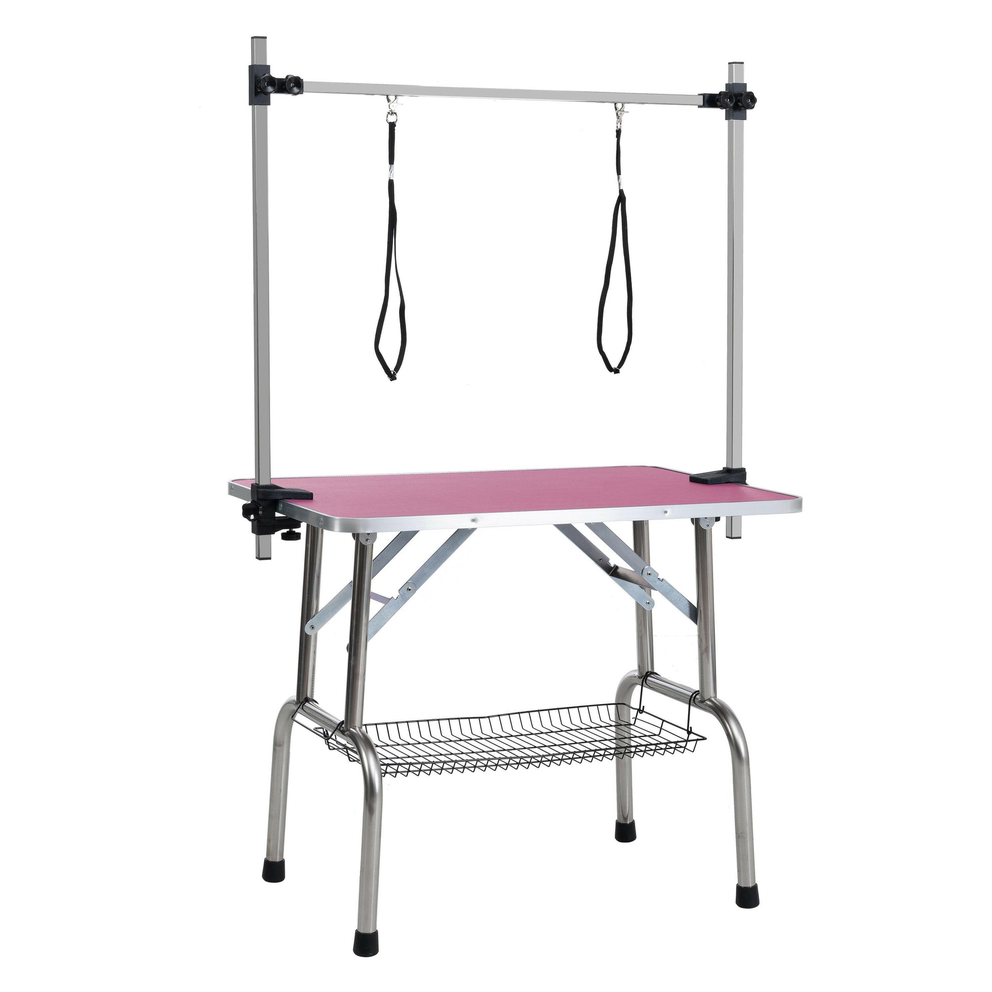 Professional 36 inch folding pet grooming table with stainless steel frame and rubber pad, equipped with adjustable armrests and clips (pink).