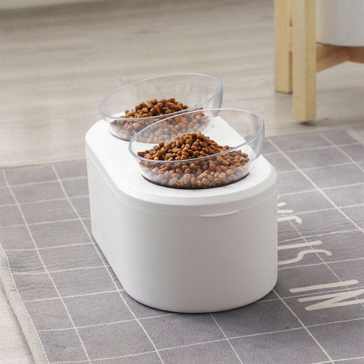 Multifunctional Pet Double Bowl Cat Bowl Dog Bowl Grain Storage Neck Guard Oblique Mouth Double Bowl Pet Food Bowl.
