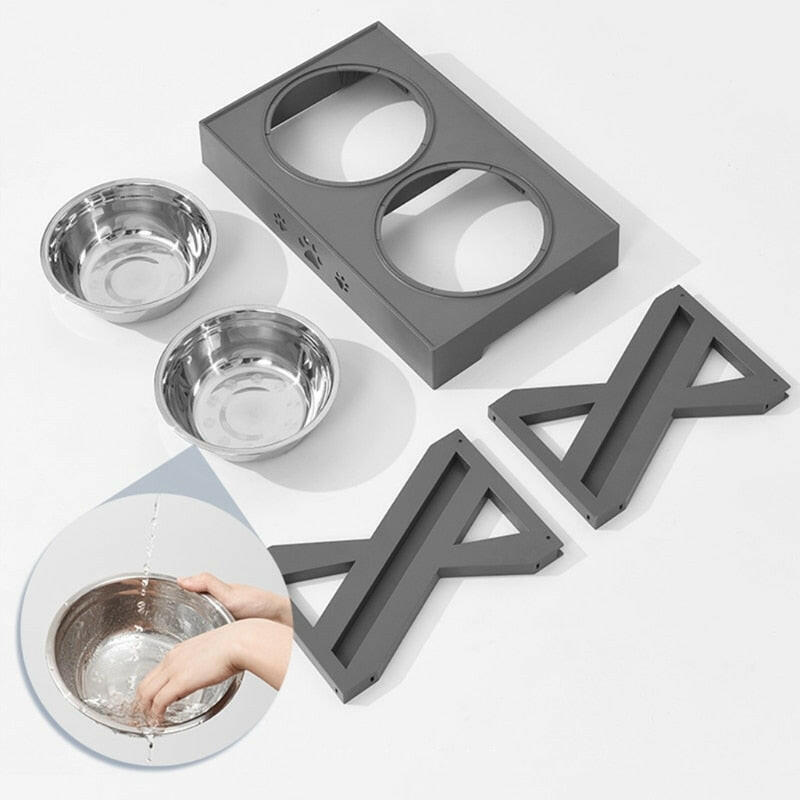 Anti-Slip Elevated Double Dog Bowls Stainless Steel Water Food Container Adjustable Height Pet Feeding Dish Feeder.