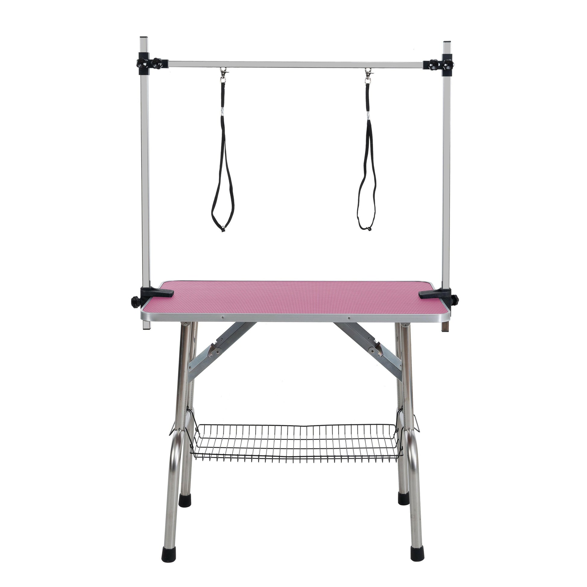 Professional 36 inch folding pet grooming table with stainless steel frame and rubber pad, equipped with adjustable armrests and clips (pink).