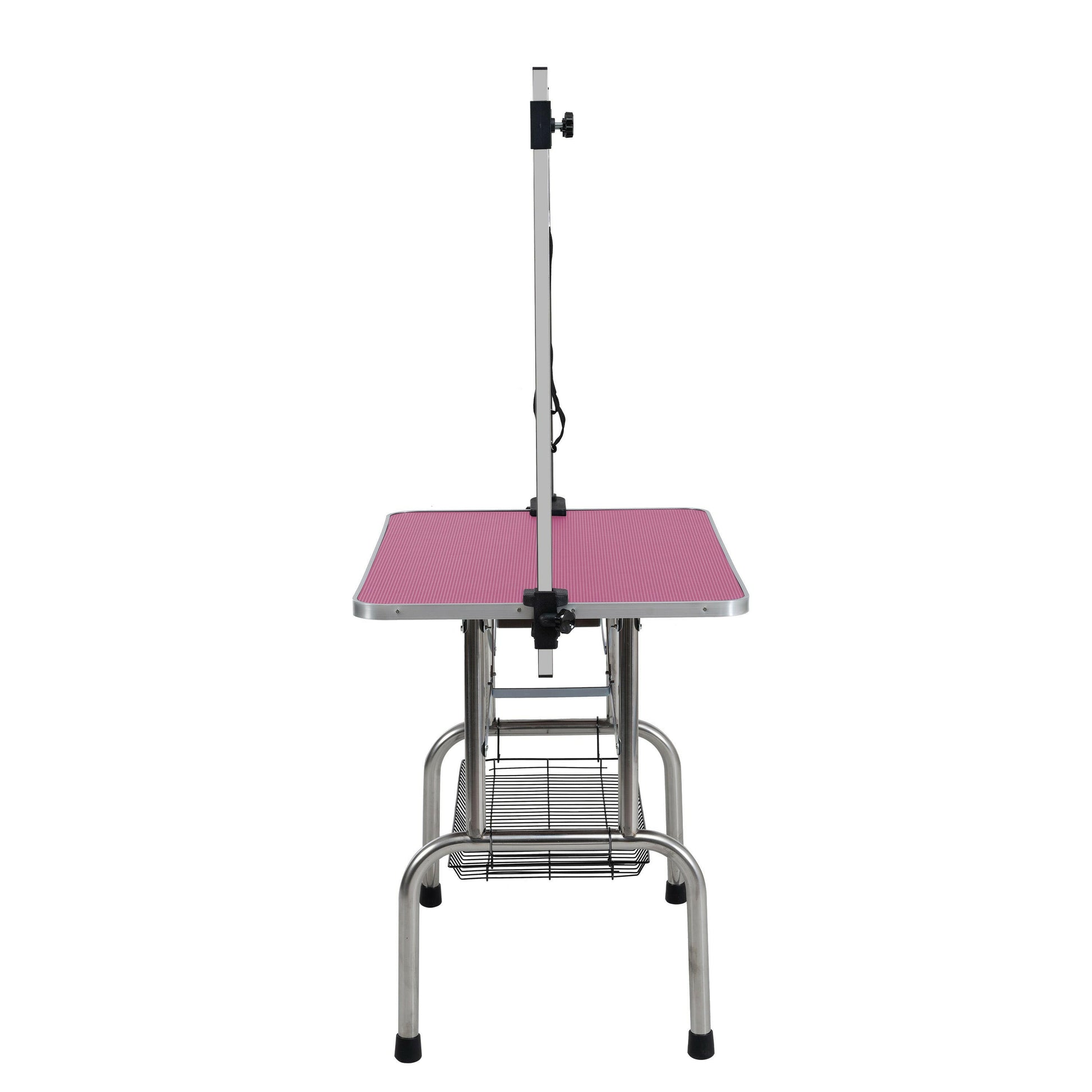 Professional 36 inch folding pet grooming table with stainless steel frame and rubber pad, equipped with adjustable armrests and clips (pink).