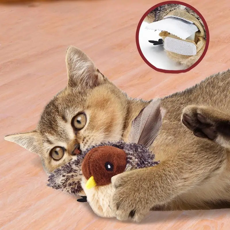 Chirping bird cat toy with Catnip Adjustable Touch Activated Squeak Plush Cat Toy Rechargeable Chirping Flapping Bird for Pet.