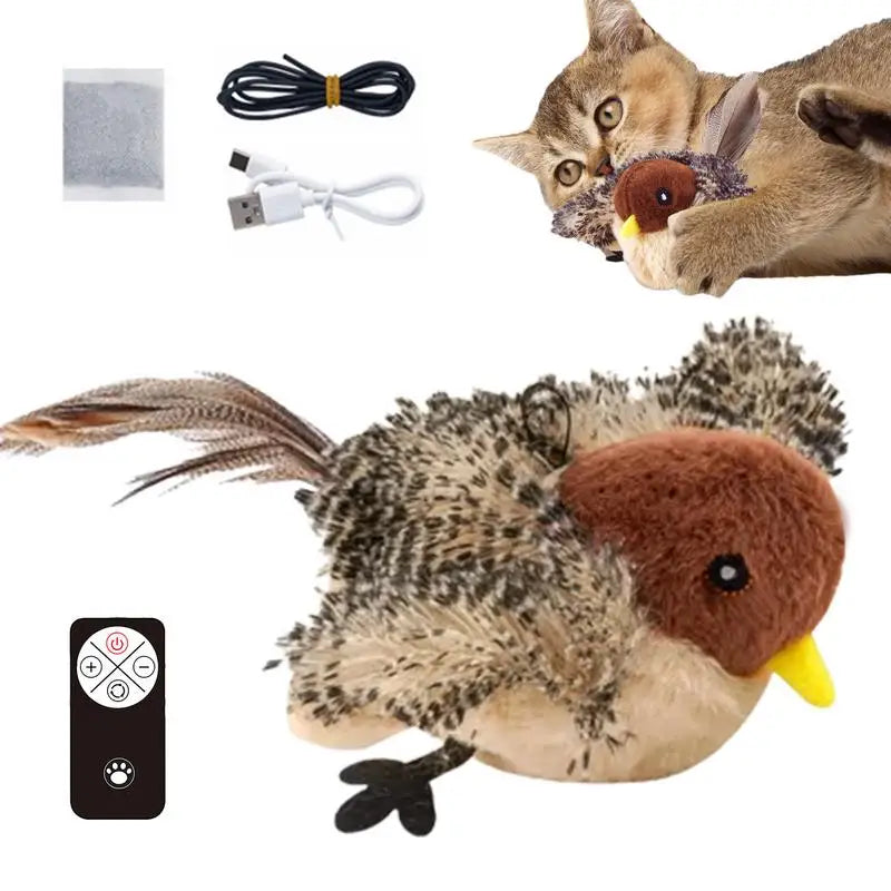 Chirping bird cat toy with Catnip Adjustable Touch Activated Squeak Plush Cat Toy Rechargeable Chirping Flapping Bird for Pet.