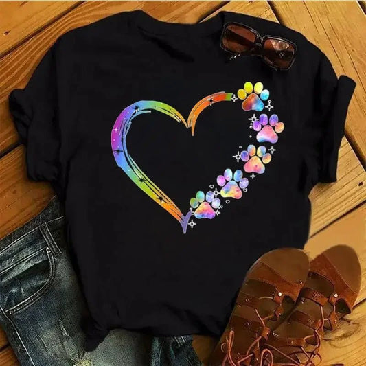 Cartoon Colorful Heart Dog Paw Graphic Print T Shirt 90s Fashion Casual Women Men Short Sleeve Plus Size T Shirt Unisex - Firstpetcentral