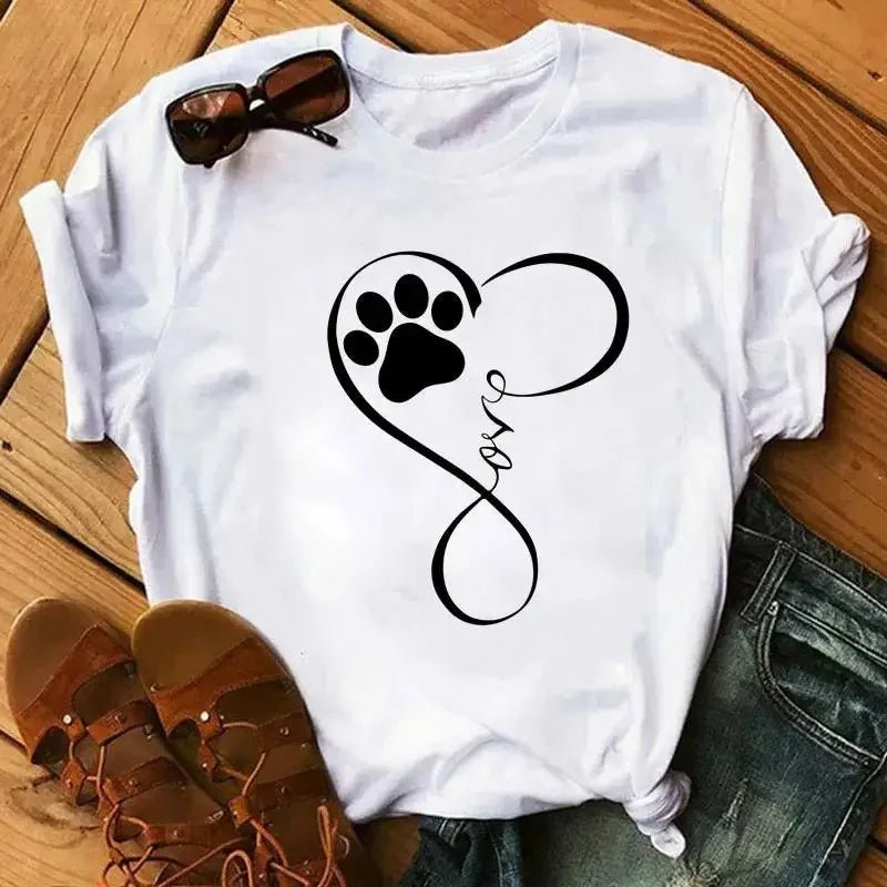 Cartoon Colorful Heart Dog Paw Graphic Print T Shirt 90s Fashion Casual Women Men Short Sleeve Plus Size T Shirt Unisex - Firstpetcentral