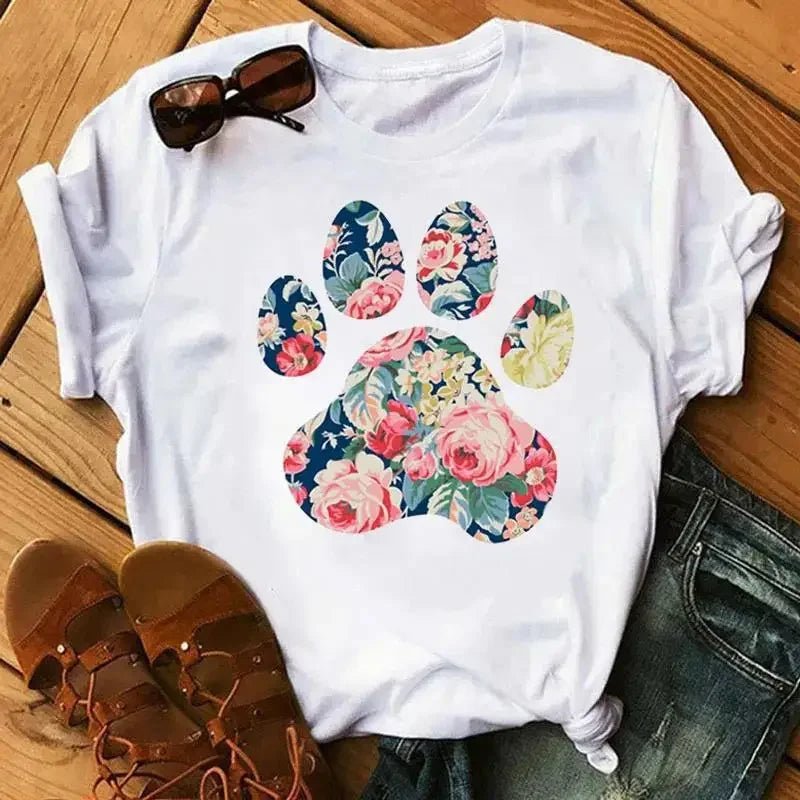 Cartoon Colorful Heart Dog Paw Graphic Print T Shirt 90s Fashion Casual Women Men Short Sleeve Plus Size T Shirt Unisex - Firstpetcentral