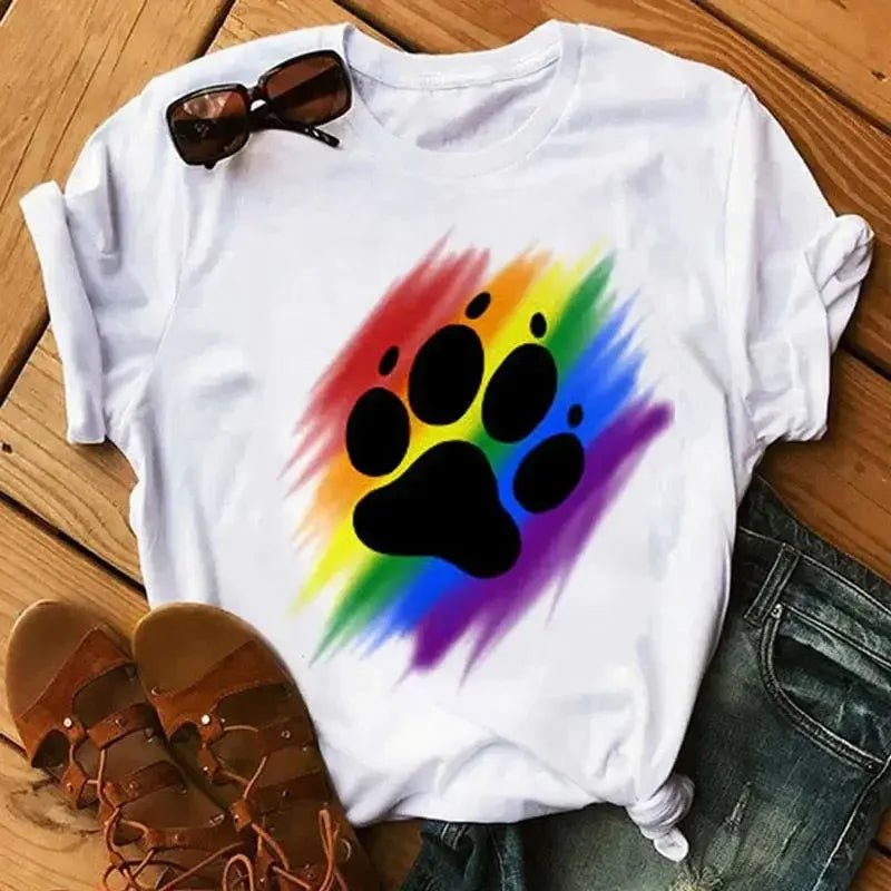 Cartoon Colorful Heart Dog Paw Graphic Print T Shirt 90s Fashion Casual Women Men Short Sleeve Plus Size T Shirt Unisex - Firstpetcentral