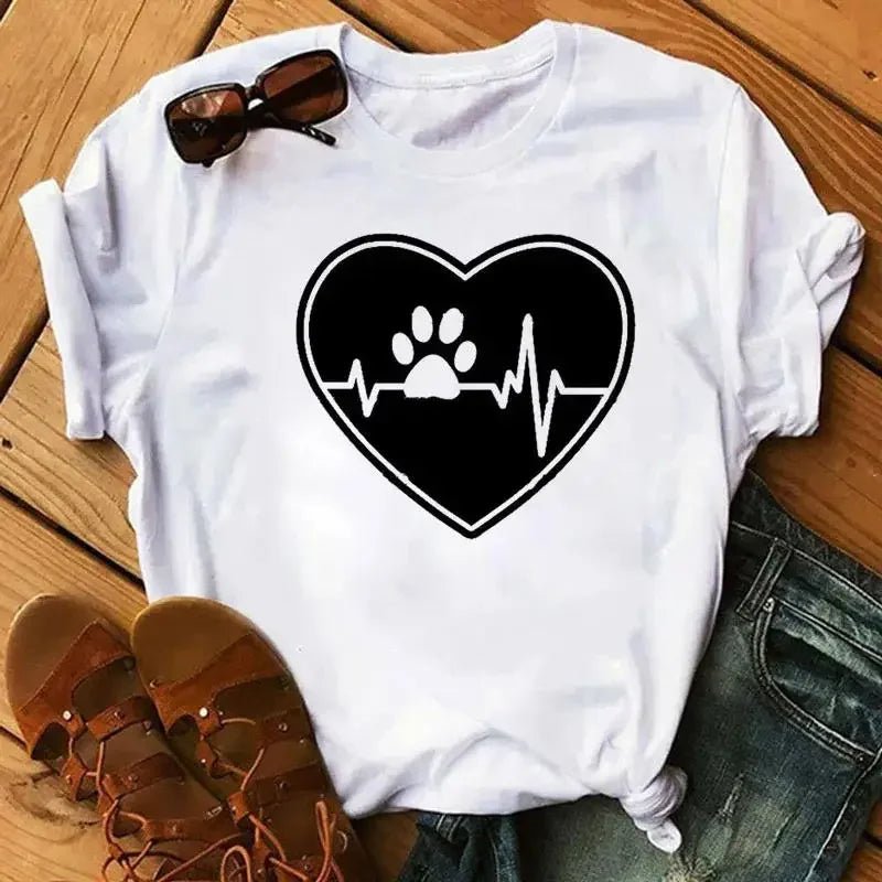 Cartoon Colorful Heart Dog Paw Graphic Print T Shirt 90s Fashion Casual Women Men Short Sleeve Plus Size T Shirt Unisex - Firstpetcentral