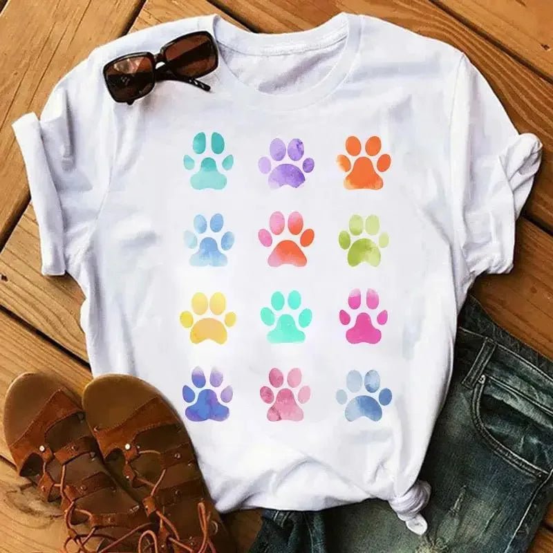 Cartoon Colorful Heart Dog Paw Graphic Print T Shirt 90s Fashion Casual Women Men Short Sleeve Plus Size T Shirt Unisex - Firstpetcentral
