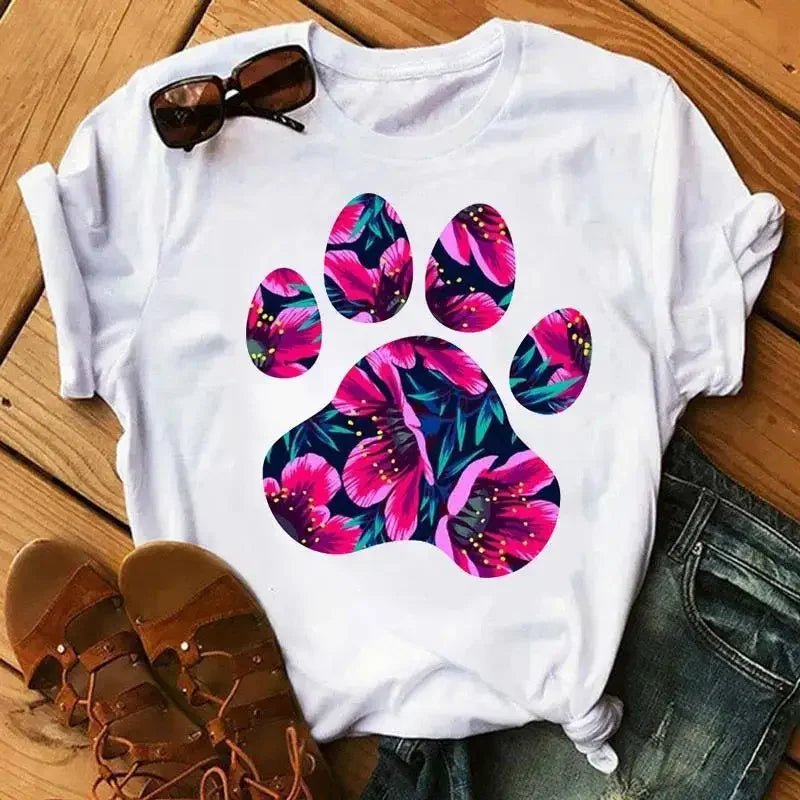 Cartoon Colorful Heart Dog Paw Graphic Print T Shirt 90s Fashion Casual Women Men Short Sleeve Plus Size T Shirt Unisex - Firstpetcentral