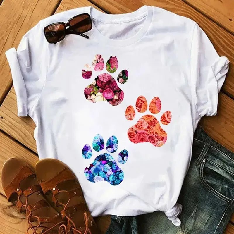 Cartoon Colorful Heart Dog Paw Graphic Print T Shirt 90s Fashion Casual Women Men Short Sleeve Plus Size T Shirt Unisex - Firstpetcentral