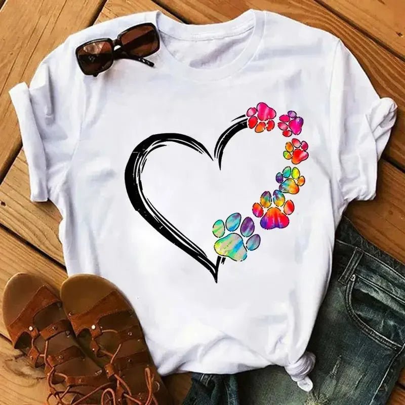 Cartoon Colorful Heart Dog Paw Graphic Print T Shirt 90s Fashion Casual Women Men Short Sleeve Plus Size T Shirt Unisex - Firstpetcentral