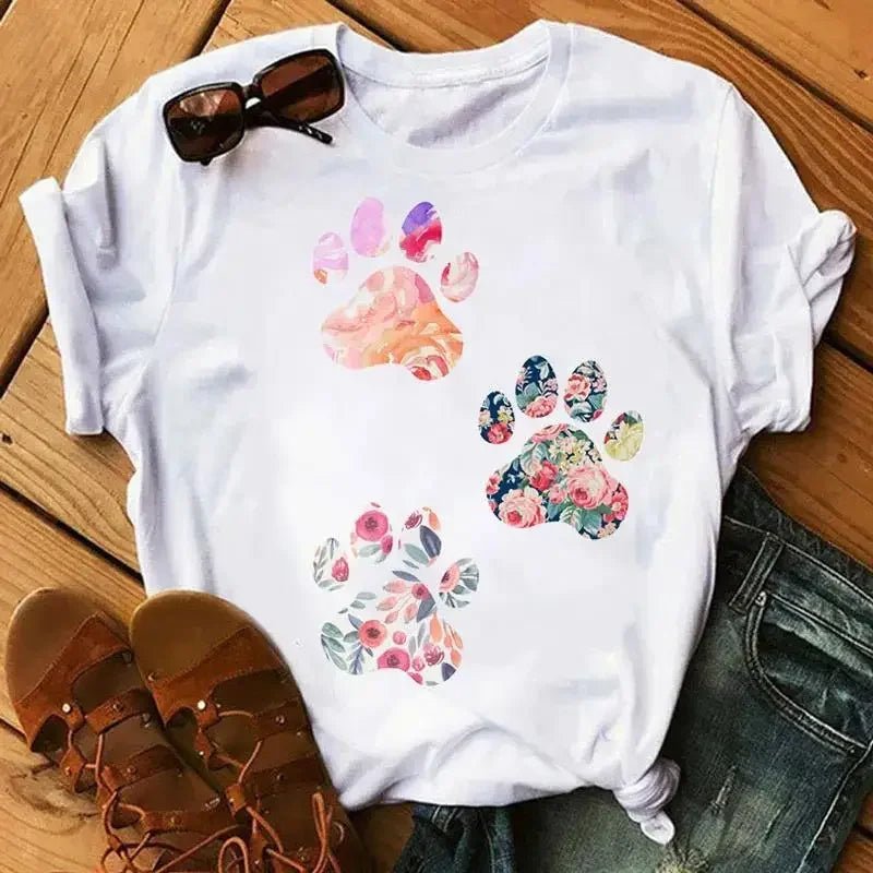 Cartoon Colorful Heart Dog Paw Graphic Print T Shirt 90s Fashion Casual Women Men Short Sleeve Plus Size T Shirt Unisex - Firstpetcentral