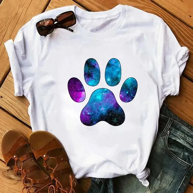 Cartoon Colorful Heart Dog Paw Graphic Print T Shirt 90s Fashion Casual Women Men Short Sleeve Plus Size T Shirt Unisex - Firstpetcentral