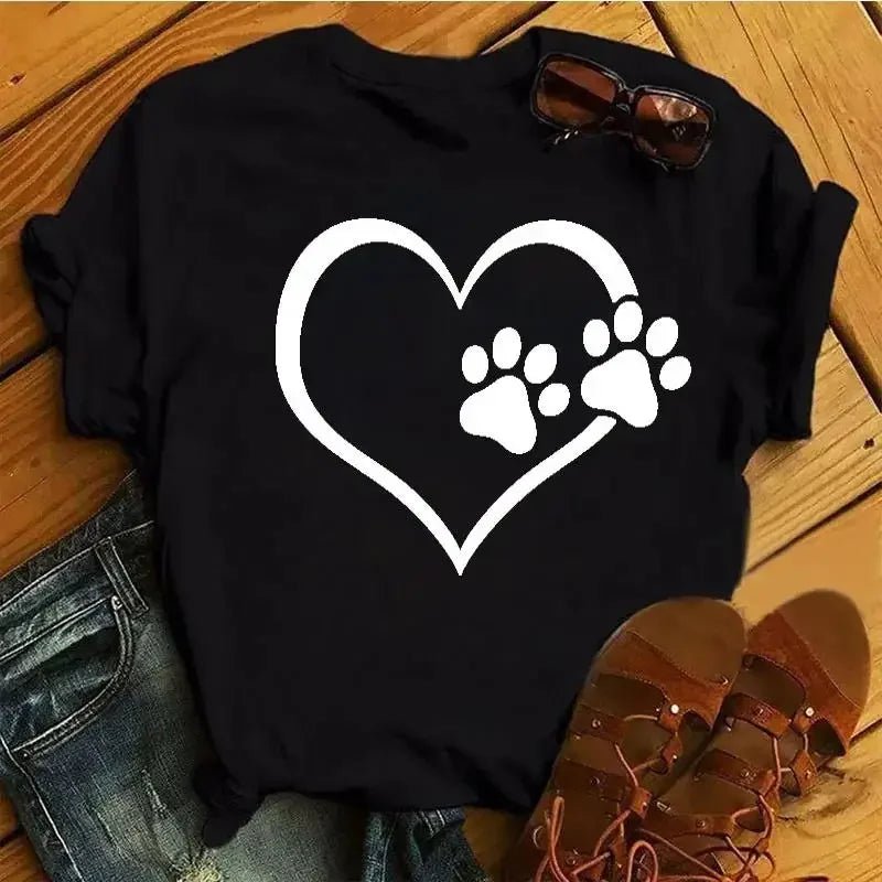 Cartoon Colorful Heart Dog Paw Graphic Print T Shirt 90s Fashion Casual Women Men Short Sleeve Plus Size T Shirt Unisex - Firstpetcentral