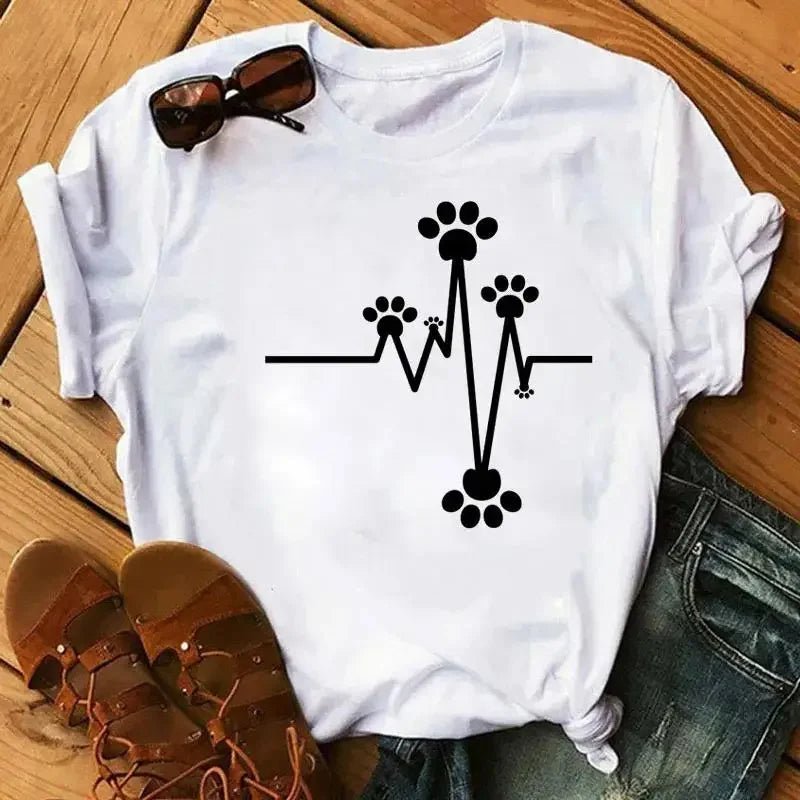 Cartoon Colorful Heart Dog Paw Graphic Print T Shirt 90s Fashion Casual Women Men Short Sleeve Plus Size T Shirt Unisex - Firstpetcentral