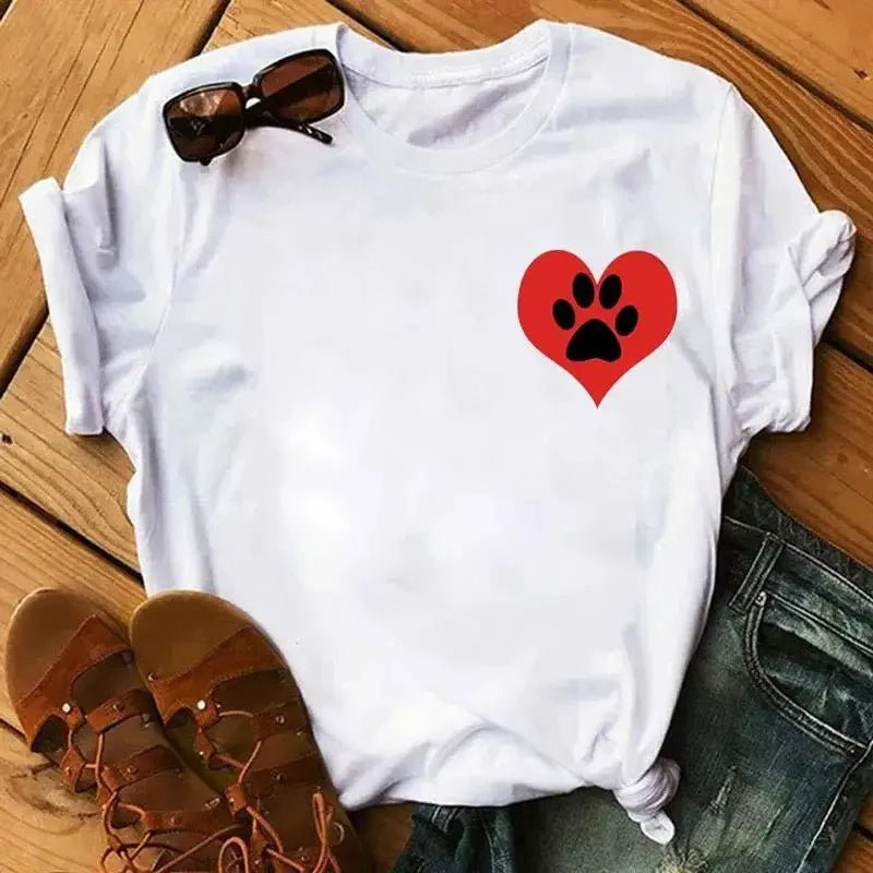 Cartoon Colorful Heart Dog Paw Graphic Print T Shirt 90s Fashion Casual Women Men Short Sleeve Plus Size T Shirt Unisex - Firstpetcentral