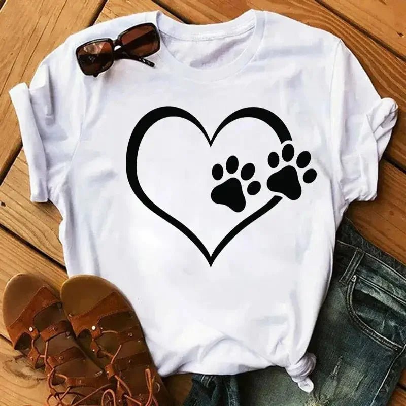 Cartoon Colorful Heart Dog Paw Graphic Print T Shirt 90s Fashion Casual Women Men Short Sleeve Plus Size T Shirt Unisex - Firstpetcentral