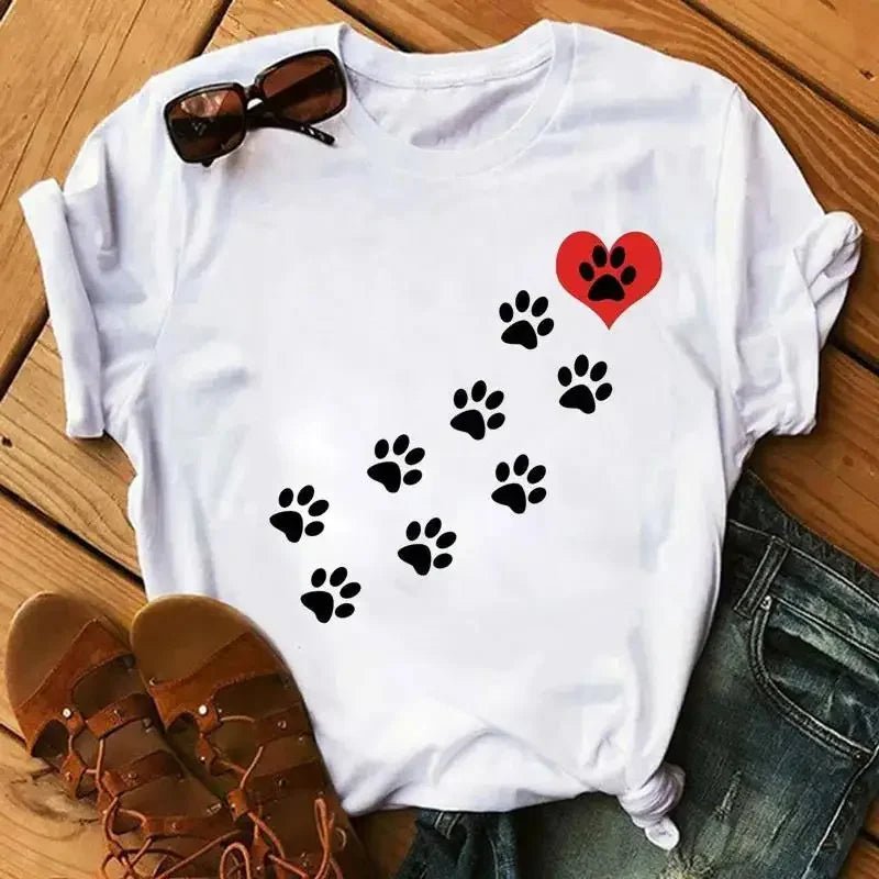 Cartoon Colorful Heart Dog Paw Graphic Print T Shirt 90s Fashion Casual Women Men Short Sleeve Plus Size T Shirt Unisex - Firstpetcentral