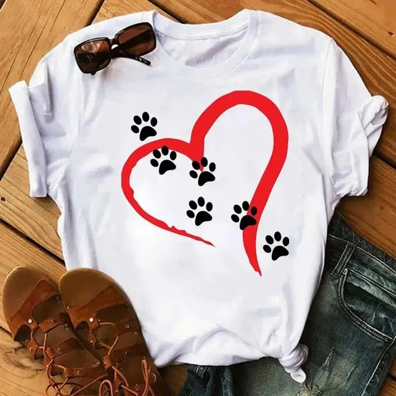 Cartoon Colorful Heart Dog Paw Graphic Print T Shirt 90s Fashion Casual Women Men Short Sleeve Plus Size T Shirt Unisex - Firstpetcentral