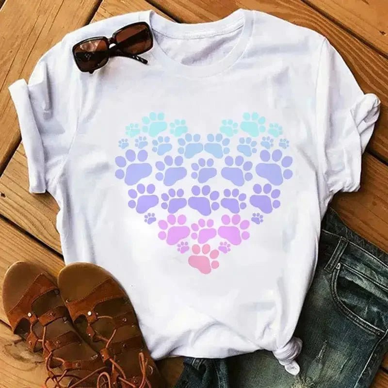 Cartoon Colorful Heart Dog Paw Graphic Print T Shirt 90s Fashion Casual Women Men Short Sleeve Plus Size T Shirt Unisex - Firstpetcentral