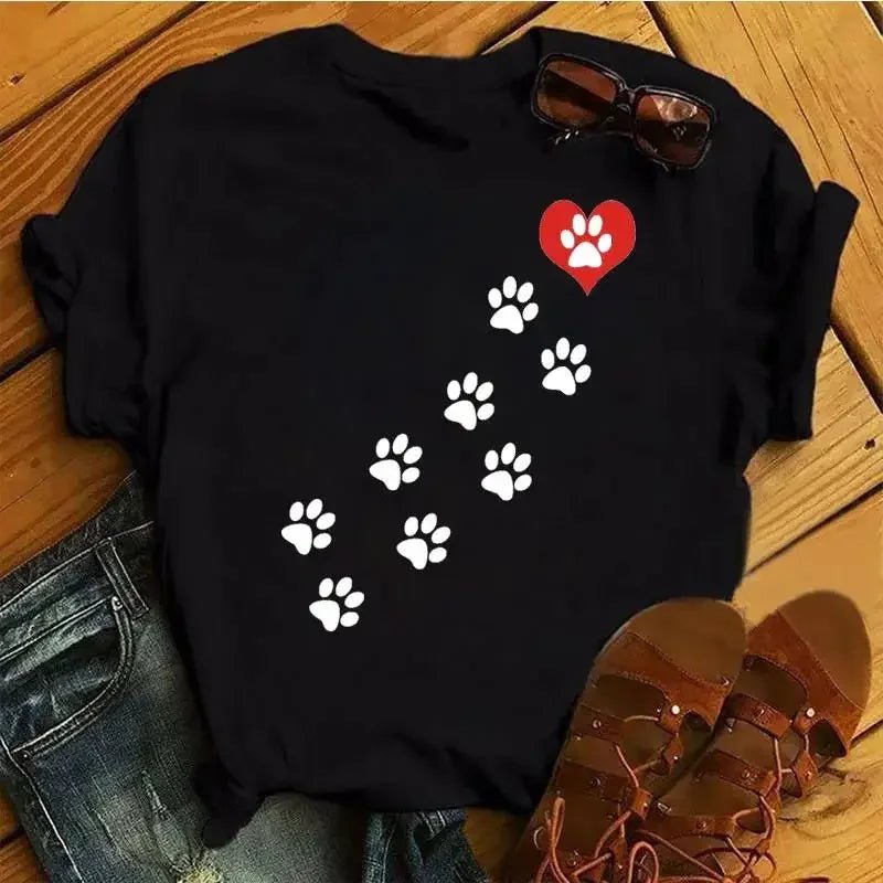 Cartoon Colorful Heart Dog Paw Graphic Print T Shirt 90s Fashion Casual Women Men Short Sleeve Plus Size T Shirt Unisex - Firstpetcentral