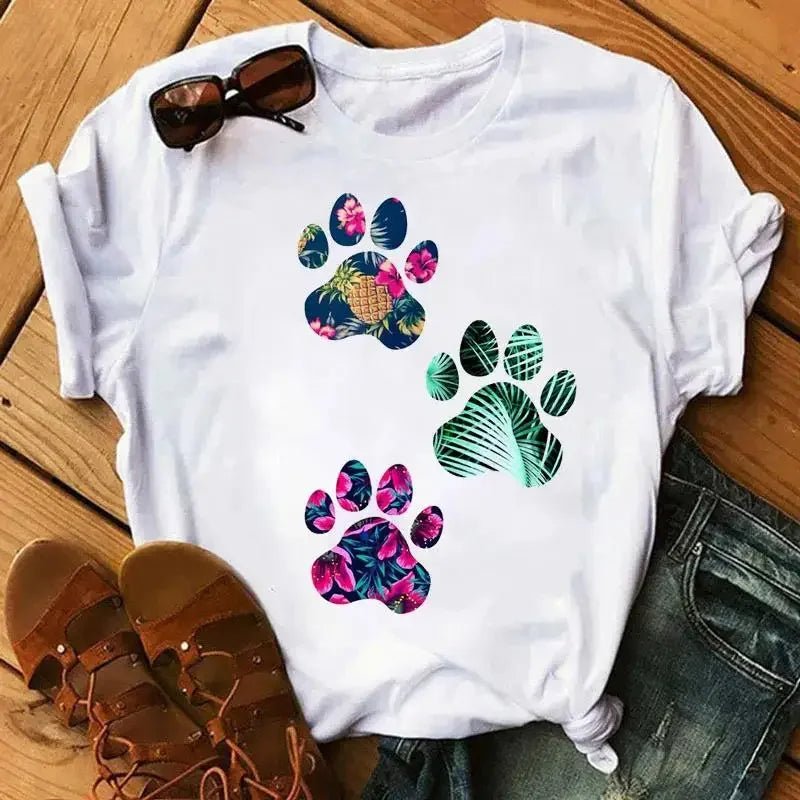 Cartoon Colorful Heart Dog Paw Graphic Print T Shirt 90s Fashion Casual Women Men Short Sleeve Plus Size T Shirt Unisex - Firstpetcentral