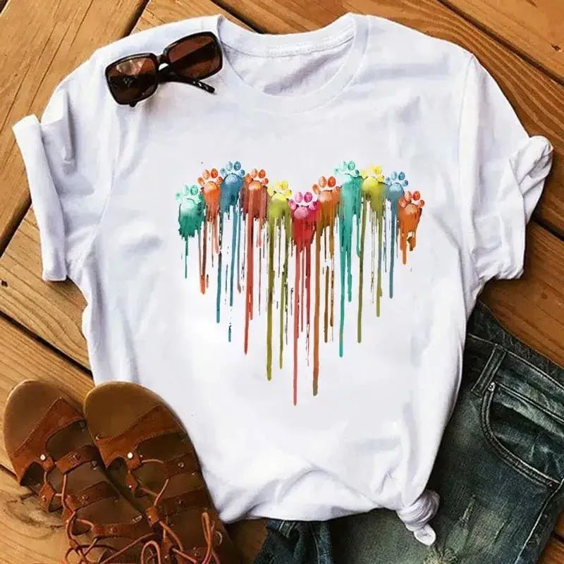 Cartoon Colorful Heart Dog Paw Graphic Print T Shirt 90s Fashion Casual Women Men Short Sleeve Plus Size T Shirt Unisex - Firstpetcentral