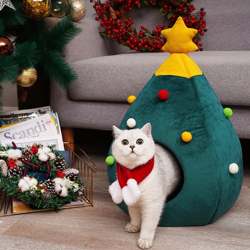 Christmas Cat And Dog Nest Warm Comfortable Plush Teddy Pet Bed Cave Bed Shape Tree Cat Nest Detachable And Washable Pet Supplies - Firstpetcentral