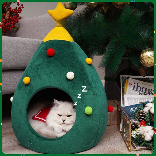 Christmas Cat And Dog Nest Warm Comfortable Plush Teddy Pet Bed Cave Bed Shape Tree Cat Nest Detachable And Washable Pet Supplies - Firstpetcentral