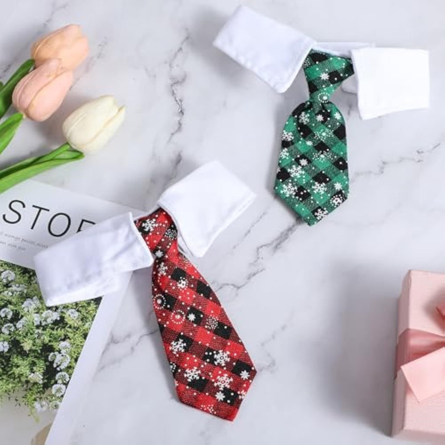 Christmas Dog Necktie, Adjustable Winter Snowflake Pattern Pet Tie Collar With Red Plaid For Small Medium Cat Dog Christmas Weddings Pet Tuxedo Outfit Decoration - Firstpetcentral