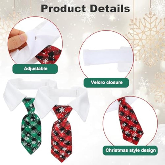 Christmas Dog Necktie, Adjustable Winter Snowflake Pattern Pet Tie Collar With Red Plaid For Small Medium Cat Dog Christmas Weddings Pet Tuxedo Outfit Decoration - Firstpetcentral