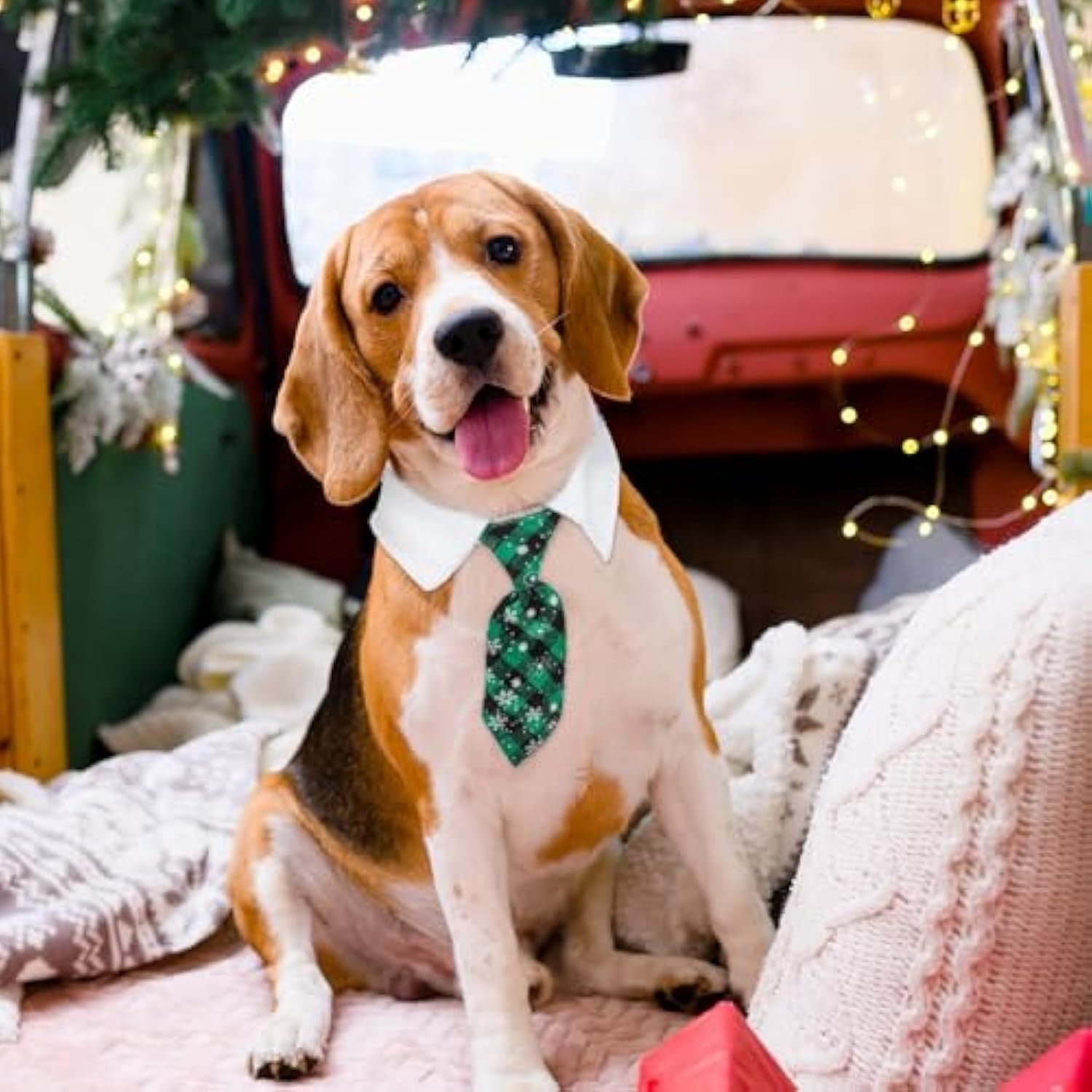 Christmas Dog Necktie, Adjustable Winter Snowflake Pattern Pet Tie Collar With Red Plaid For Small Medium Cat Dog Christmas Weddings Pet Tuxedo Outfit Decoration - Firstpetcentral