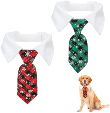 Christmas Dog Necktie, Adjustable Winter Snowflake Pattern Pet Tie Collar With Red Plaid For Small Medium Cat Dog Christmas Weddings Pet Tuxedo Outfit Decoration - Firstpetcentral