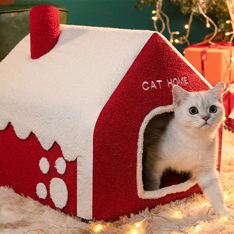 Christmas Winter Warm House Pet Bed Villa Enclosed - Firstpetcentral