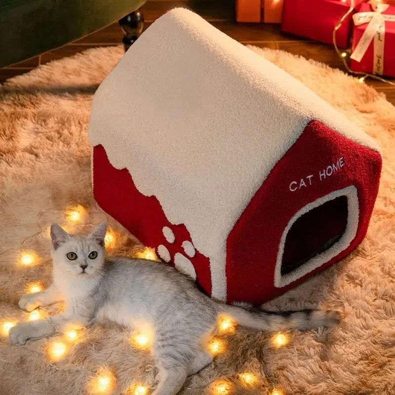 Christmas Winter Warm House Pet Bed Villa Enclosed - Firstpetcentral