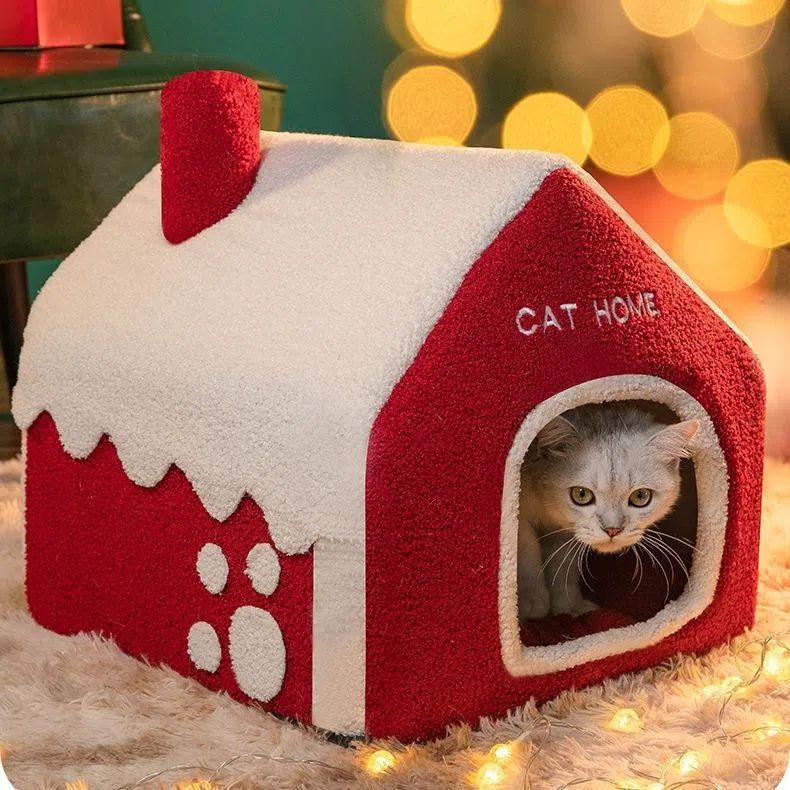 Christmas Winter Warm House Pet Bed Villa Enclosed - Firstpetcentral