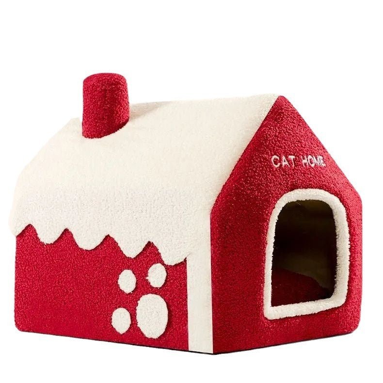 Christmas Winter Warm House Pet Bed Villa Enclosed - Firstpetcentral