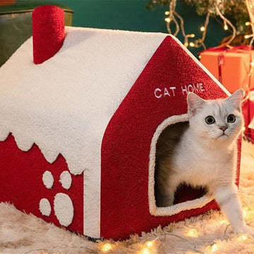 Christmas Winter Warm House Pet Bed Villa Enclosed - Firstpetcentral