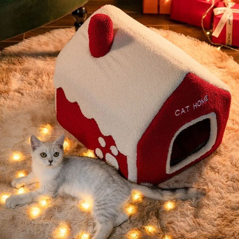 Christmas Winter Warm House Pet Bed Villa Enclosed - Firstpetcentral