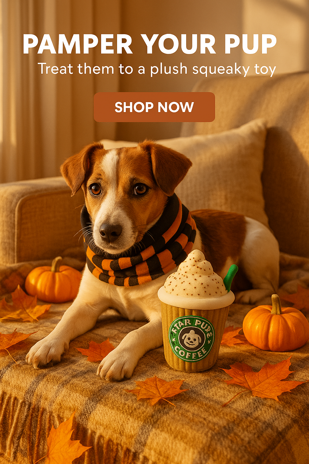 Star Pups Coffee Plush Squeaky Toy for Dogs - Cartoon Patterned Fabric, Medium Breed Recommended, Interactive Pumpkin Spice