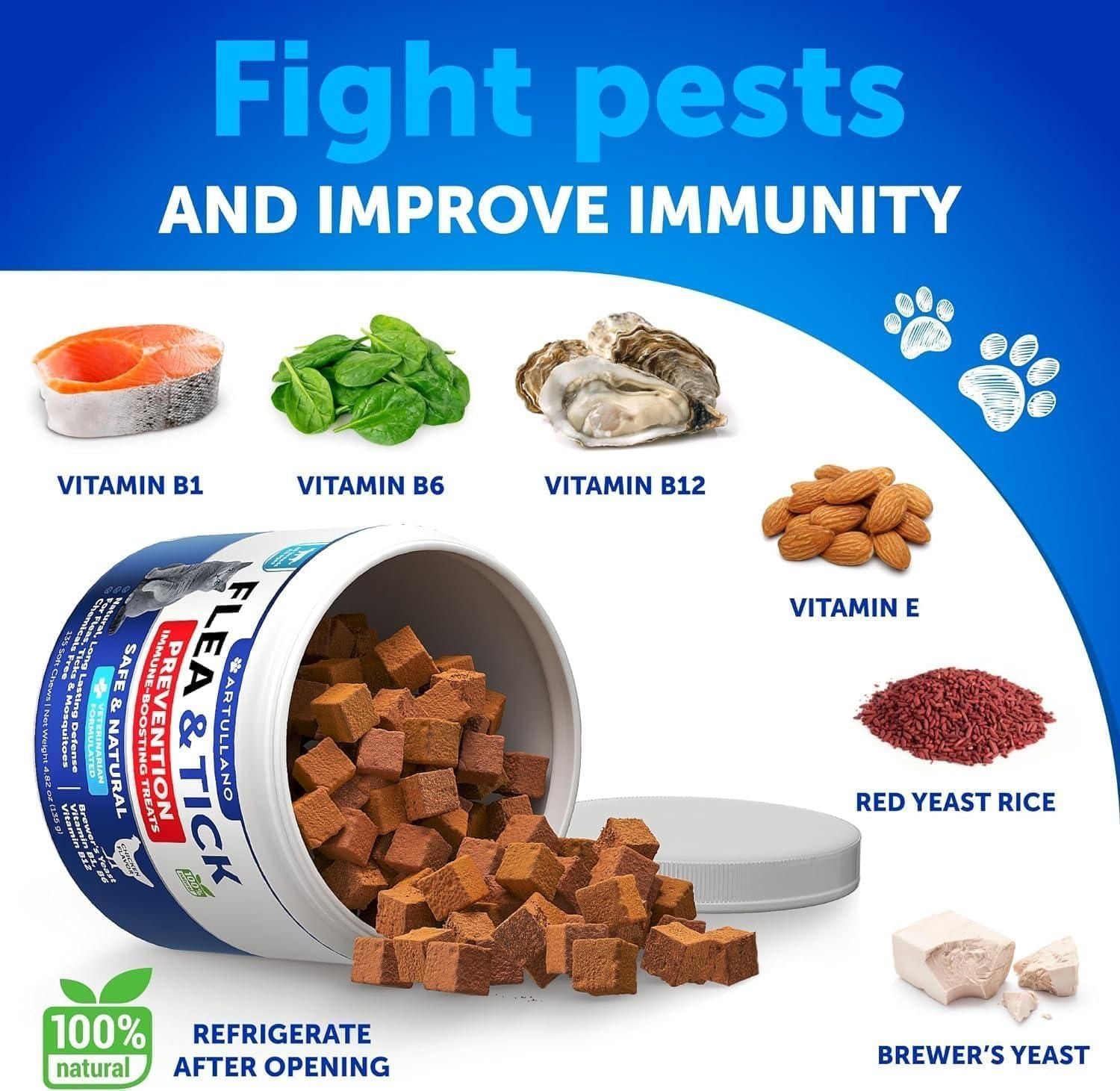 Flea Treatment for Cats Natural Flea and Tick Prevention Supplement for Cats Kittens Chewable Daily Oral Pills with Vitamins 135 Soft Chews Skin & Coat Dental treats Digestion.