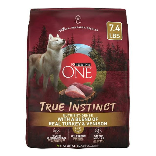 Purina One True Instinct Dry Dog Food for Adult Dogs, High Protein Real Turkey & Venison, 7.4 lb Bag.