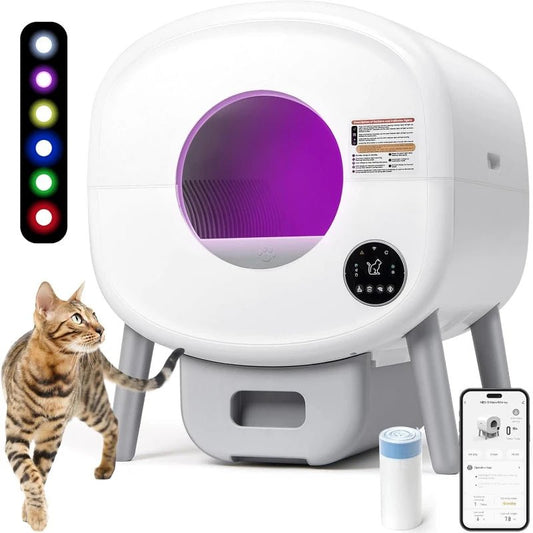 Extra Large Automatic Litter Box Self Cleaning for Multiple Cats, Odor - Free, App - Controlled, Ambient Light Waste Disposal - Firstpetcentral