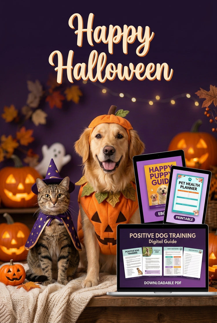 Mobile Halloween banner with costumed pets and Happy Halloween lettering