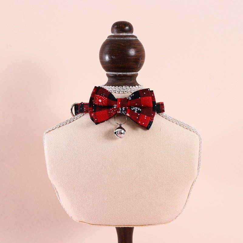Pet Adjustable Anti - suffocation Double - layer Bow Snowflake Plaid Christmas Collar Cat Dog Bell Accessories Necklace - Firstpetcentral