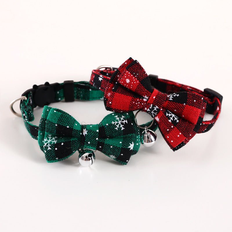 Pet Adjustable Anti - suffocation Double - layer Bow Snowflake Plaid Christmas Collar Cat Dog Bell Accessories Necklace - Firstpetcentral