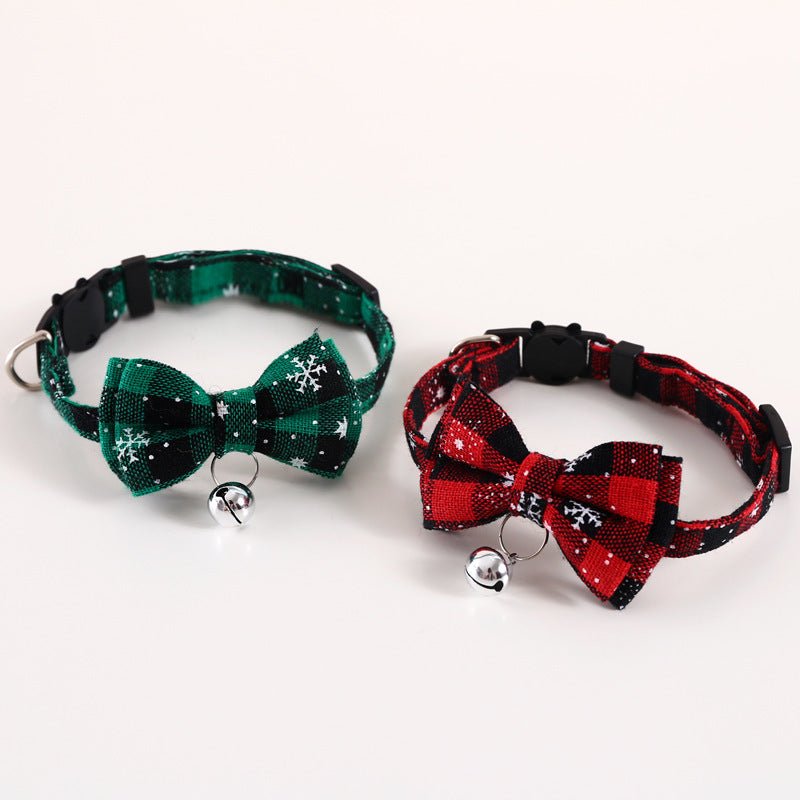 Pet Adjustable Anti - suffocation Double - layer Bow Snowflake Plaid Christmas Collar Cat Dog Bell Accessories Necklace - Firstpetcentral