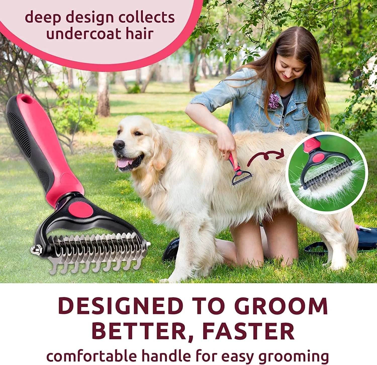 Pet Deshedding Brush for Dogs and Cats - Double - Sided Undercoat Rake for Dogs & Cats - Shedding Comb and Dematting Tool for Grooming, Extra Wide - Firstpetcentral